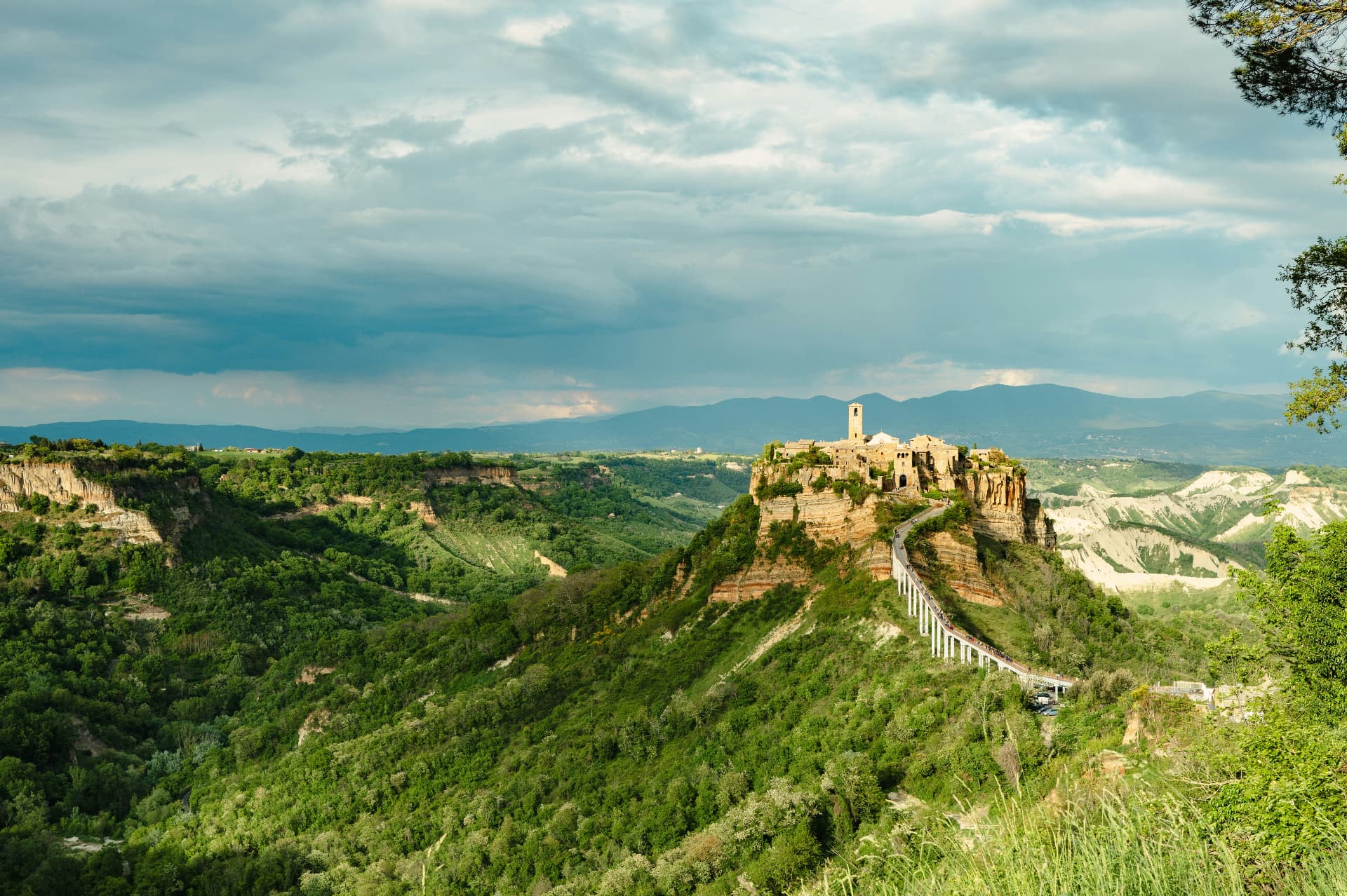 Civita di Bagnoregio seen across the valley from our own hill, the footbridge leading to the village on its tufa ridge