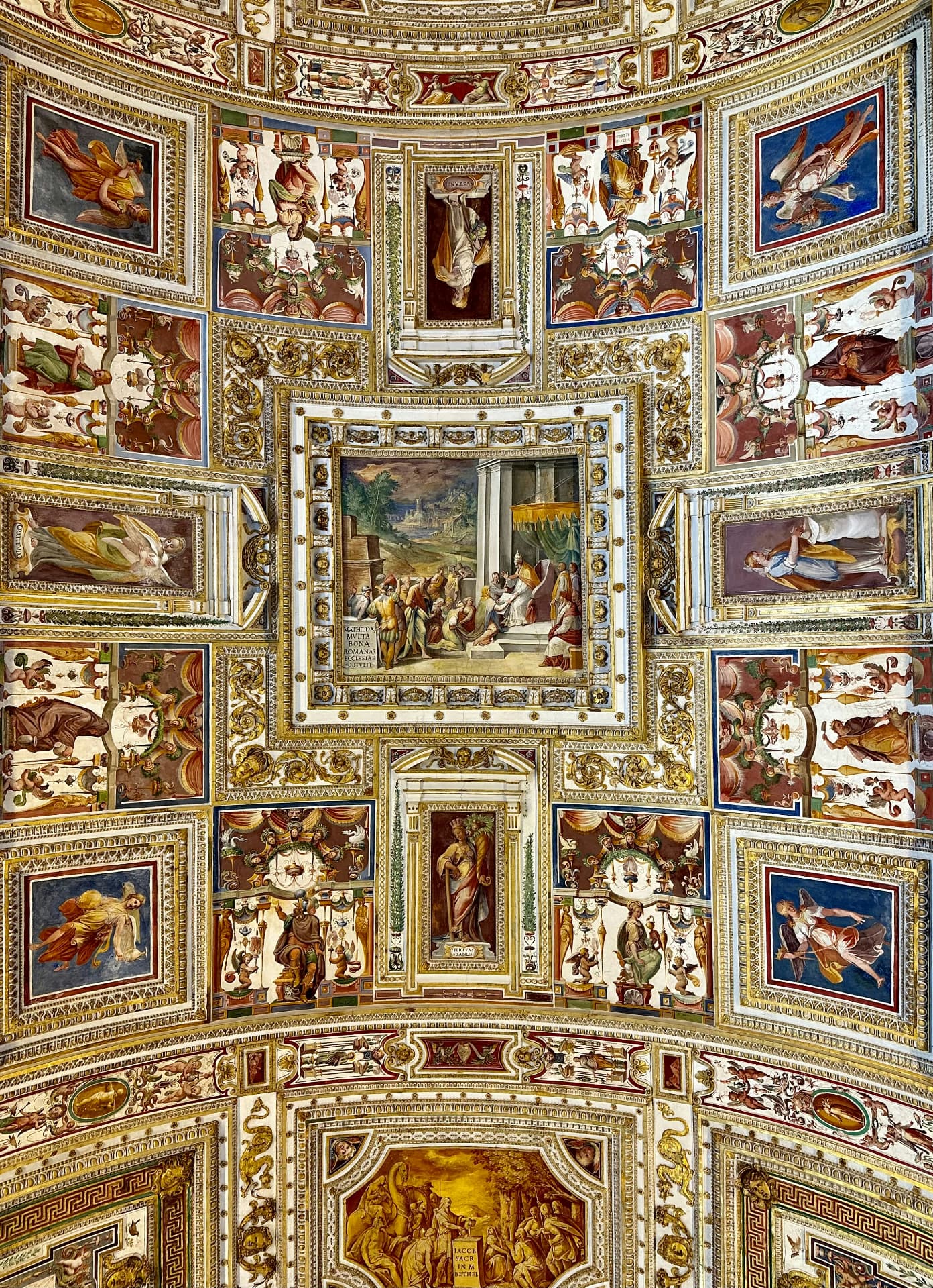 A richly gilded ceiling of framed fresco scenes