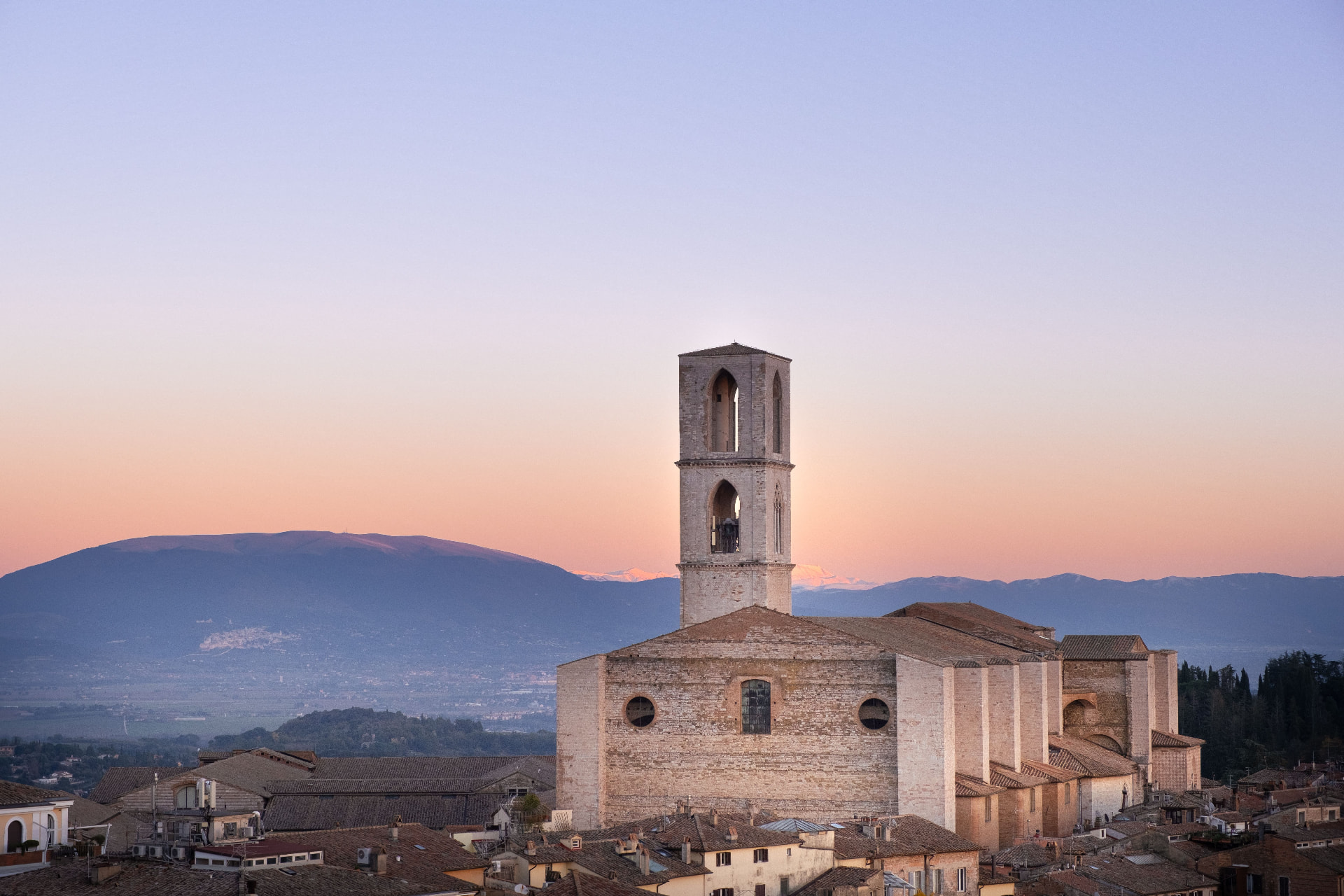 Sunset sky above the bell tower of Perugia
