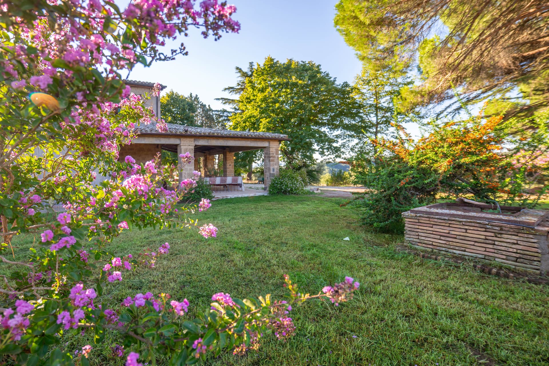 Cypress and flowering shrubs in the garden, the portico behind