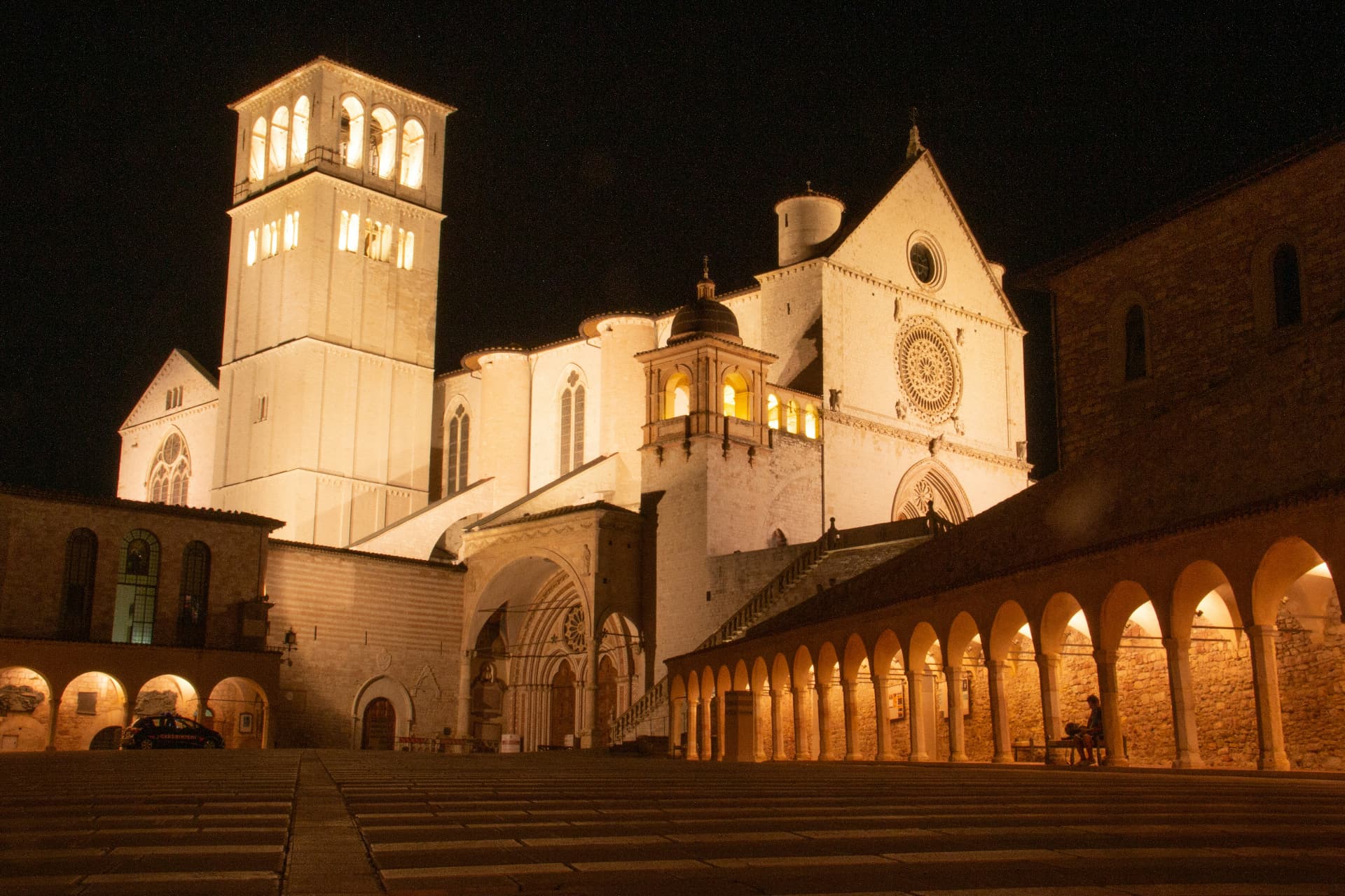 The Basilica of San Francesco floodlit at night