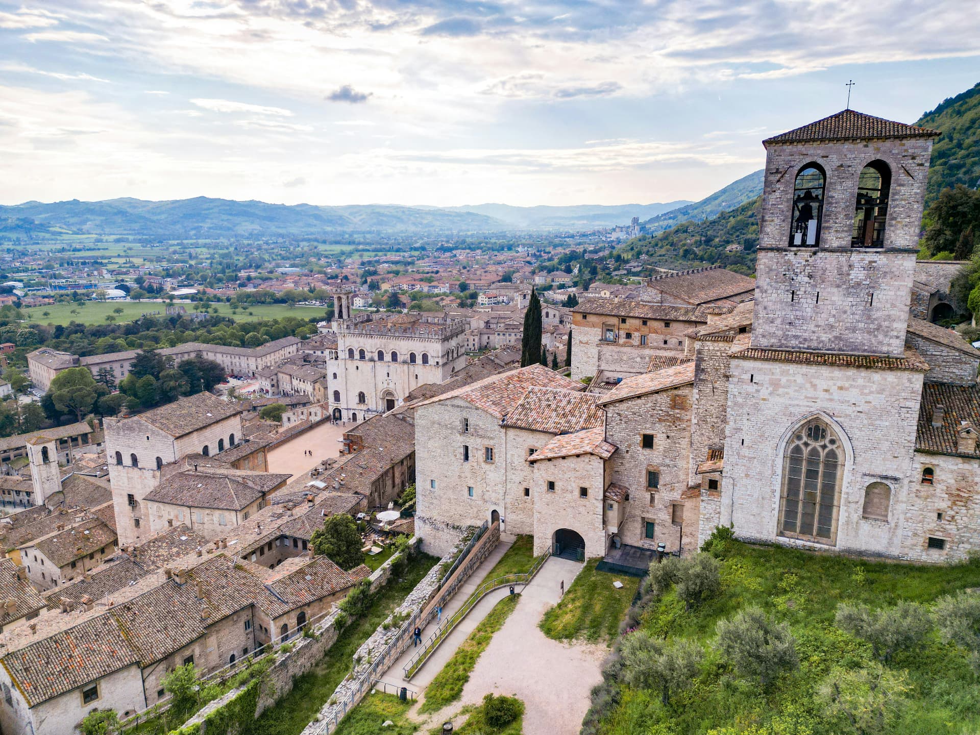 Gubbio seen from the air, the cathedral and the valley beyond